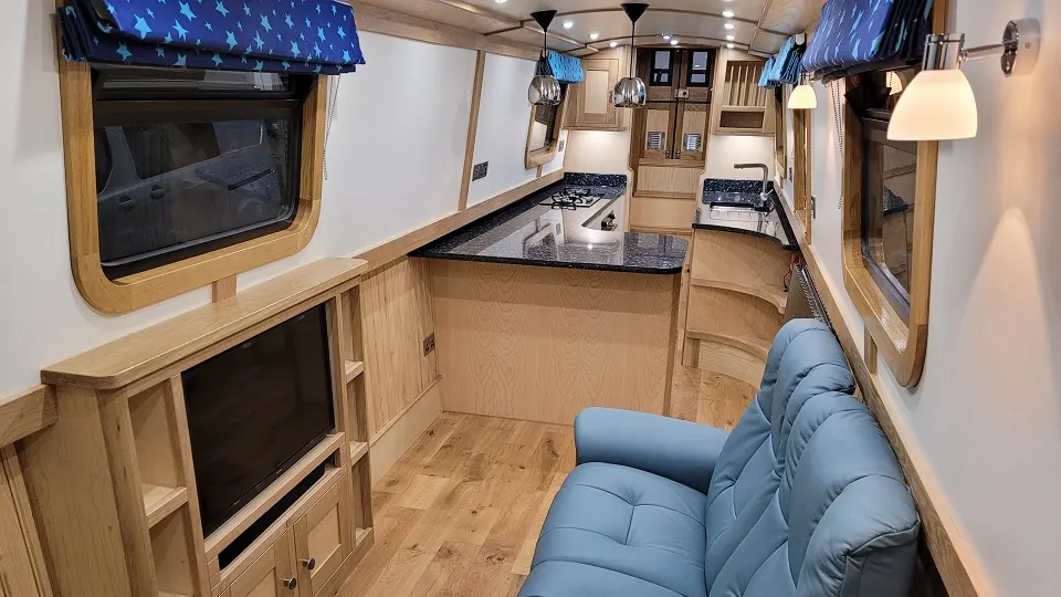 Inside Wand’rin Star, looking along the galley and saloon