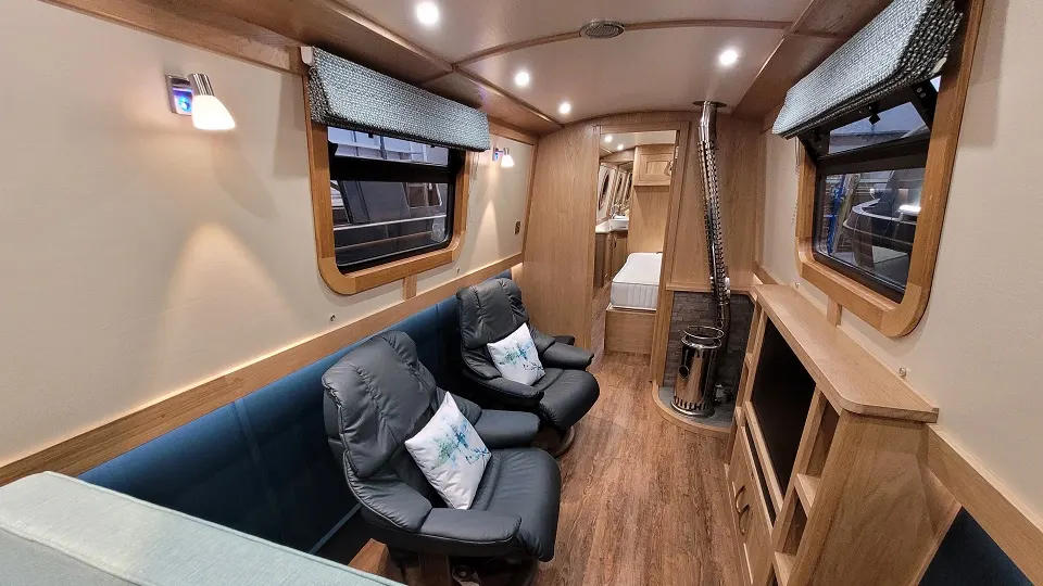Inside Three Leaves Left, looking along the saloon