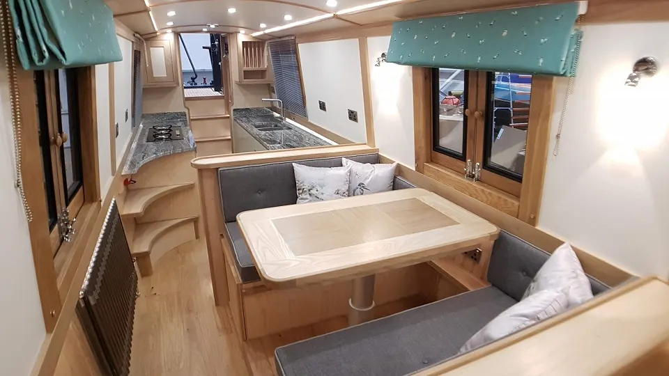 Inside Gilbert, looking along the dinette and galley
